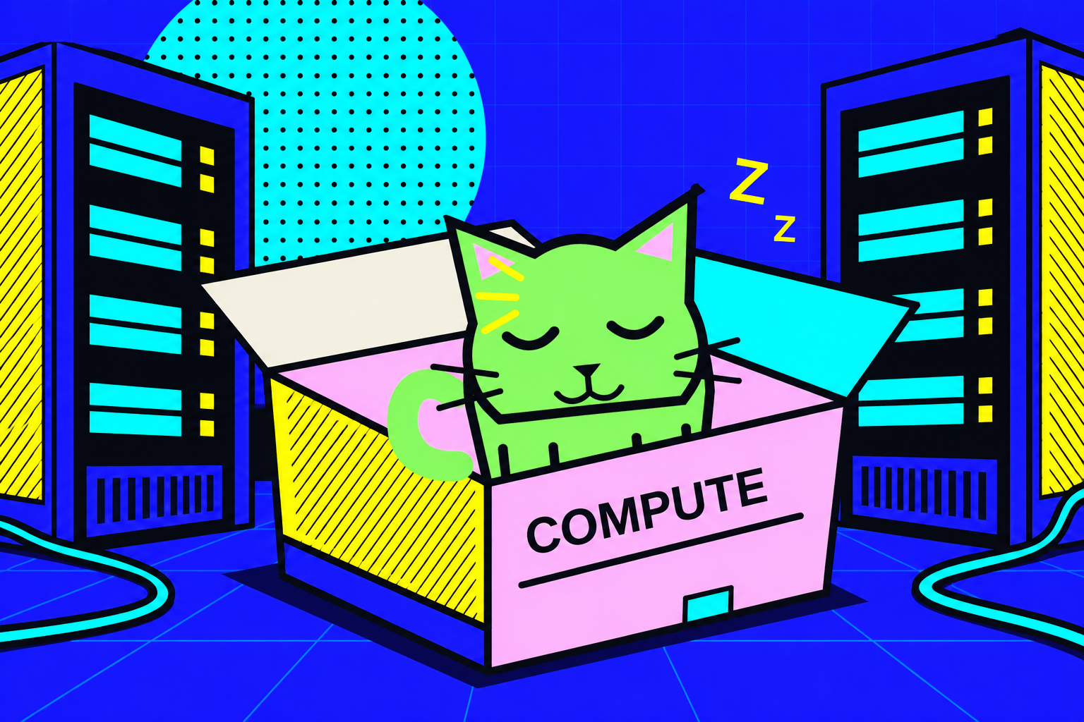 Misty sleeps in a COMPUTE box between two server towers during the night shift.